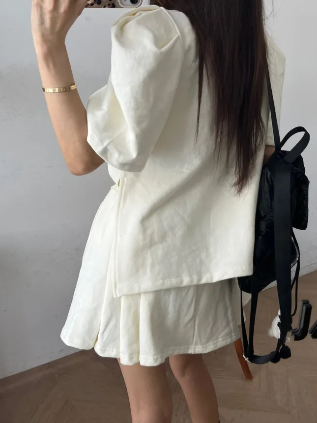 Conjunto de Falda y Suda Hoada con Mangas Abullonadas para Mujer, Cuello Redondo, Cintura Elástica con Cordón, Falda Me...