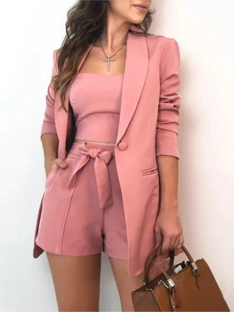 

Women's Temperament Solid Color Shorts Three Piece Set Fashion Long Sleeve Blazer Camisole Leace-up Short Pants 3 Piece Sets New