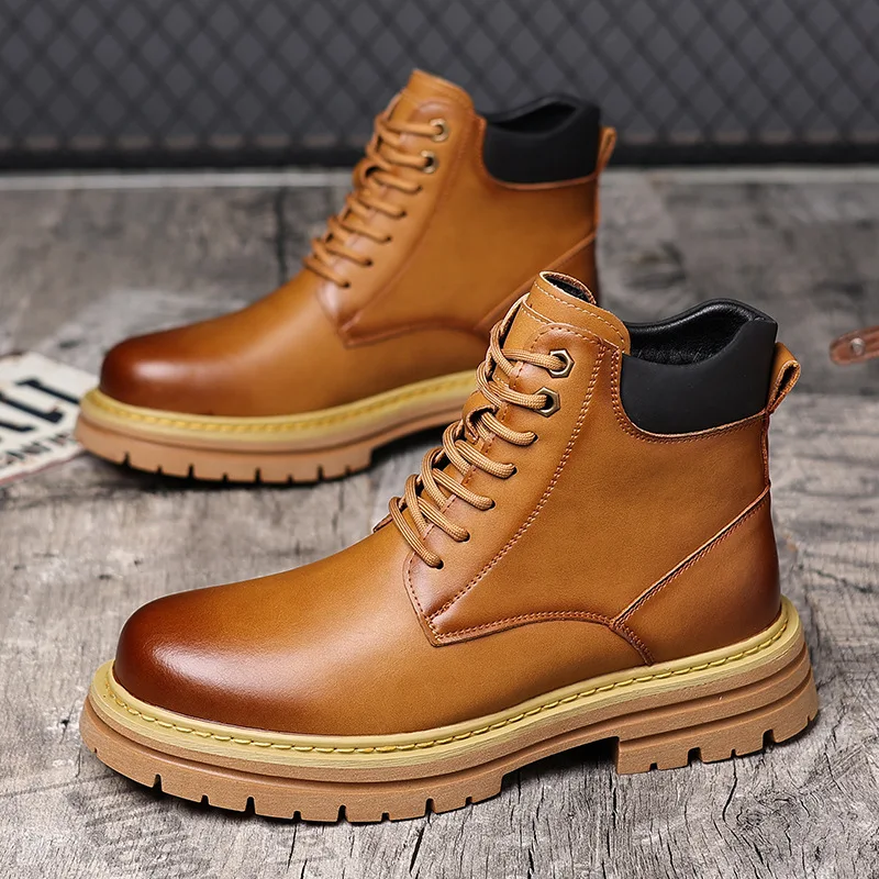 

Autumn High Top Men Leather Ankle Boots Fashion Non-slip Waterproof Thick Soled Shoes Winter Plus Velvet Men Snow Boots