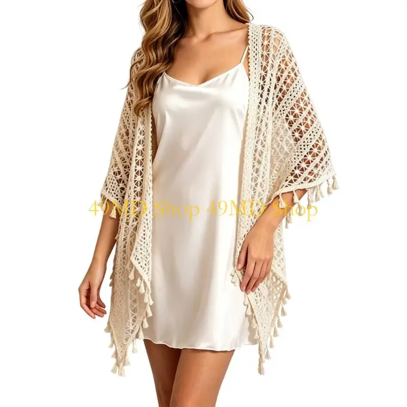 49MD Shoulder Cover Up Shawl for Women Crochet Openwork Fringe Wrap for Commute Travel and Spring Fall Layering