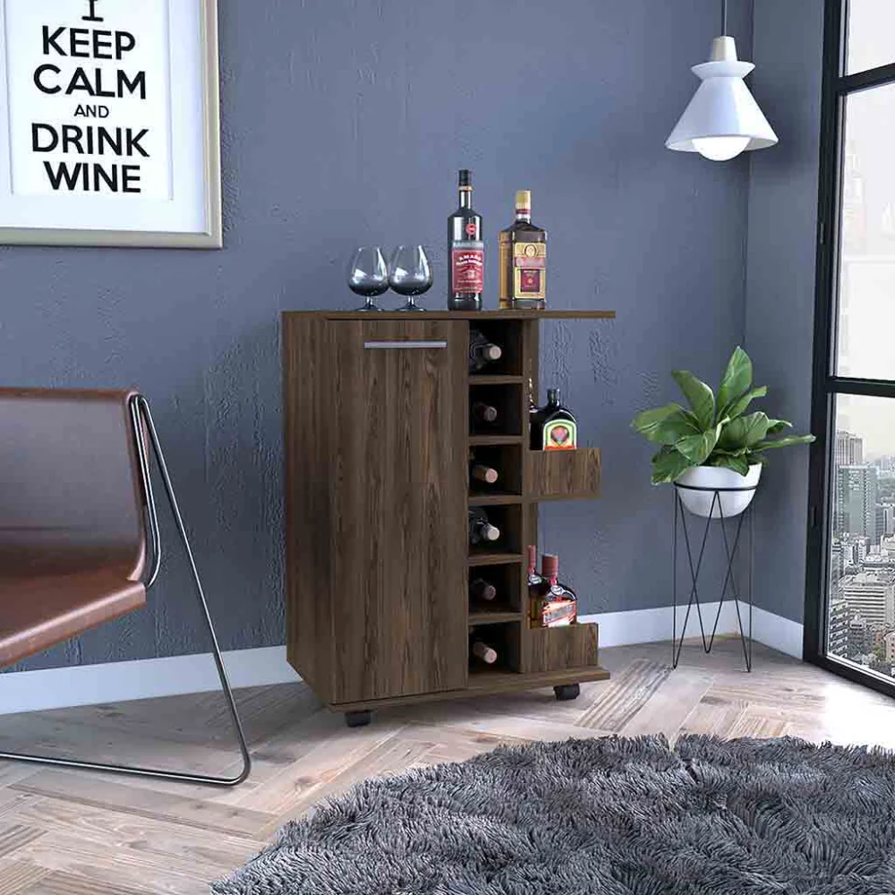 

Bar Cart, Four Casters, Single Door Cabinet, Two External Shelves, Dark Walnut