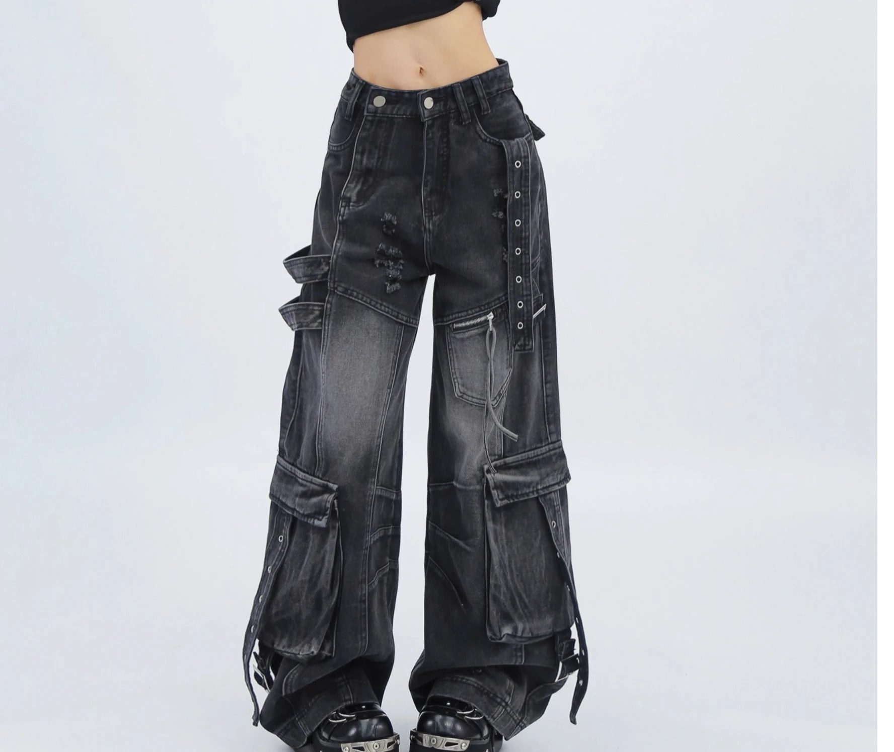 American Retro Double Placket Loose Wide-leg Lace-up Floor-mopping Jeans Summer New Girl Versatile Leisure Age-reducing Trousers