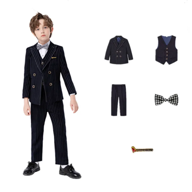 Boys Striped Jacket Vest Pants Bowtie Brooch 5Pieces Blazer Set for Wedding Kids Formal Birthday Host Piano Performance Dress