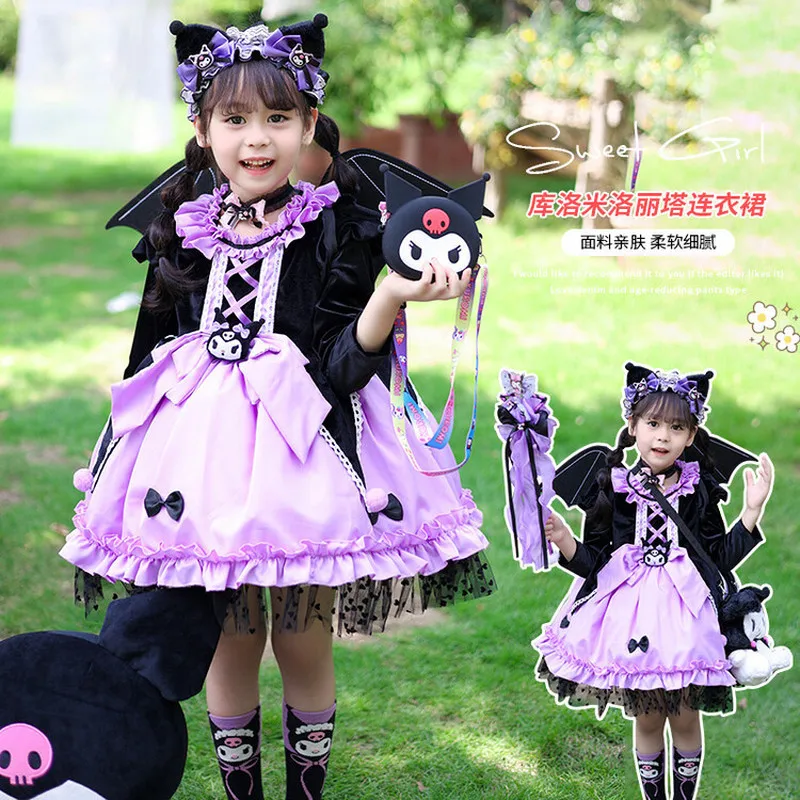 Sanrio Kuromi Cosplay Lolita Princess Dress Kid Cartoon Dress Puffy Skirt Suit Cute Halloween Themed Costume Girl Birthday Gifts