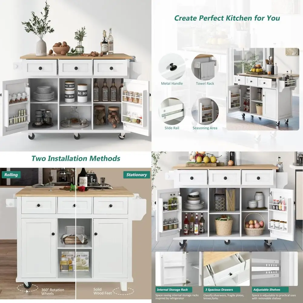 Portable Wood Kitchen Island with Drop Leaf, 3 Drawers and 2 Cabinets, Rolling Trolley for Kitchen Storage and Organization