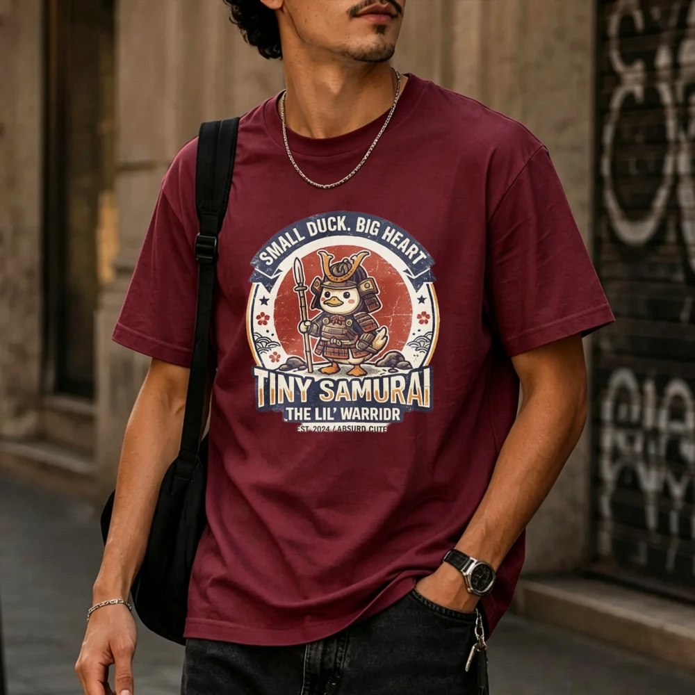Tiny Samurai Small Duck Big Heart Vintage Distressed Graphic T-shirt Men Cotton Short Sleeve Japanese Bushido Cartoon Casual Tee