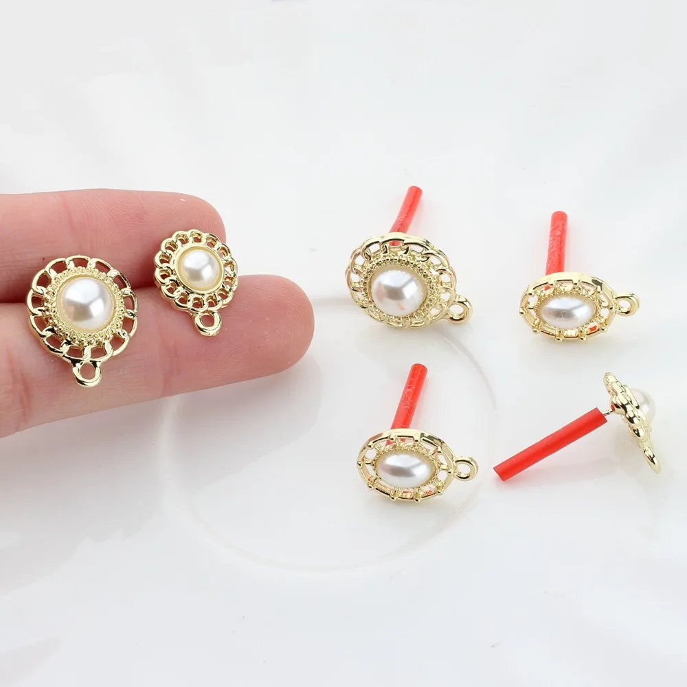 

10PCS Pearl Stud Earrings Round Alloy Hollow Earrings Base Earring Settings for DIY Jewelry Making Findings