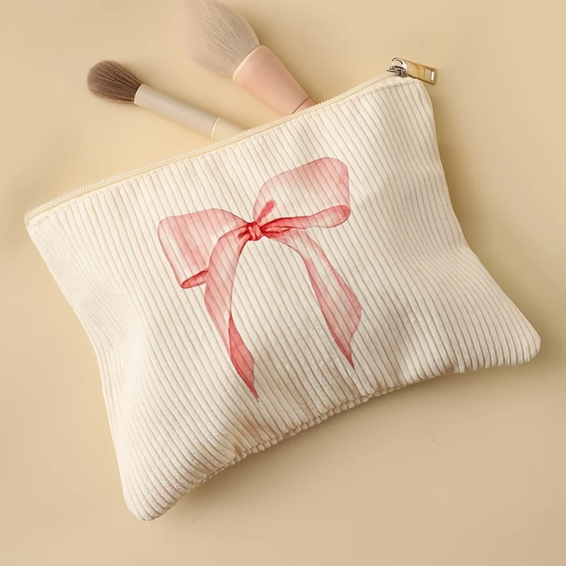 Pink Bow Pattern Printed Corduroy Makeup Bag - Lightweight Zipper Lined Multi Functional Organizing Bag Toiletries And Additions