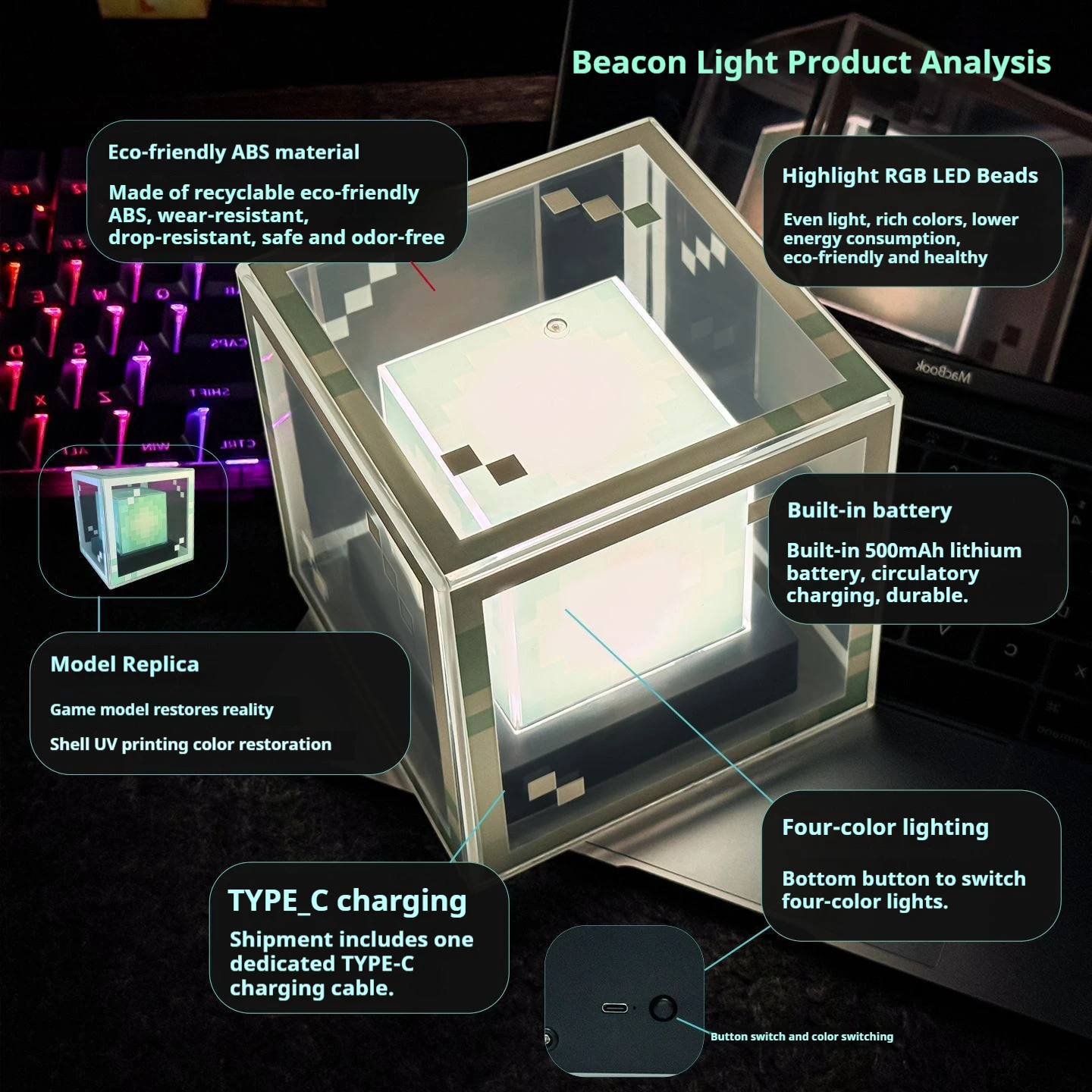 منارة نموذج لعبة 4 ضوء ليلي قابل لإعادة الشحن متغير اللون إبداعي بأربعة ألوان ديكور غرفة مضيئة مصباح جو ذاتي الصنع