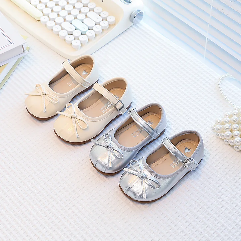 

2025 Spring And Autumn New Children's Bow Princess Shoes For Girls Shallow Mouth Soft Soled Anti Slip Single Shoes