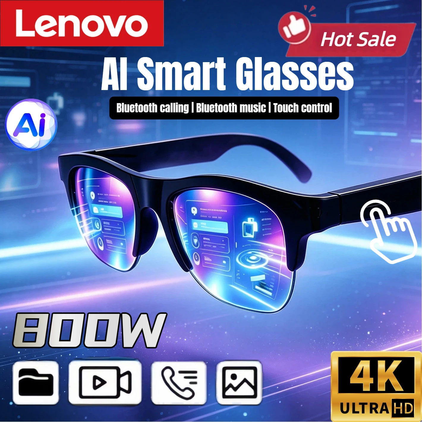 Lenovo AI Smart Glasses 800W Pixel 4K HD Remote Control Touch Voice Translation Bluetooth Call Video Recording Music Sunglasses