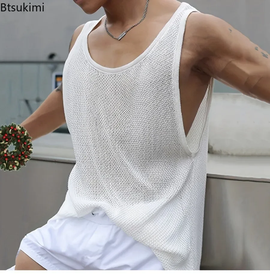 Summer New Men\'s Knitwear Vests Fashion O-neck Sleeveless Knitted Tops Men Casual Loose Hollow Out Tank Tops 2024 Men\'s Clothing