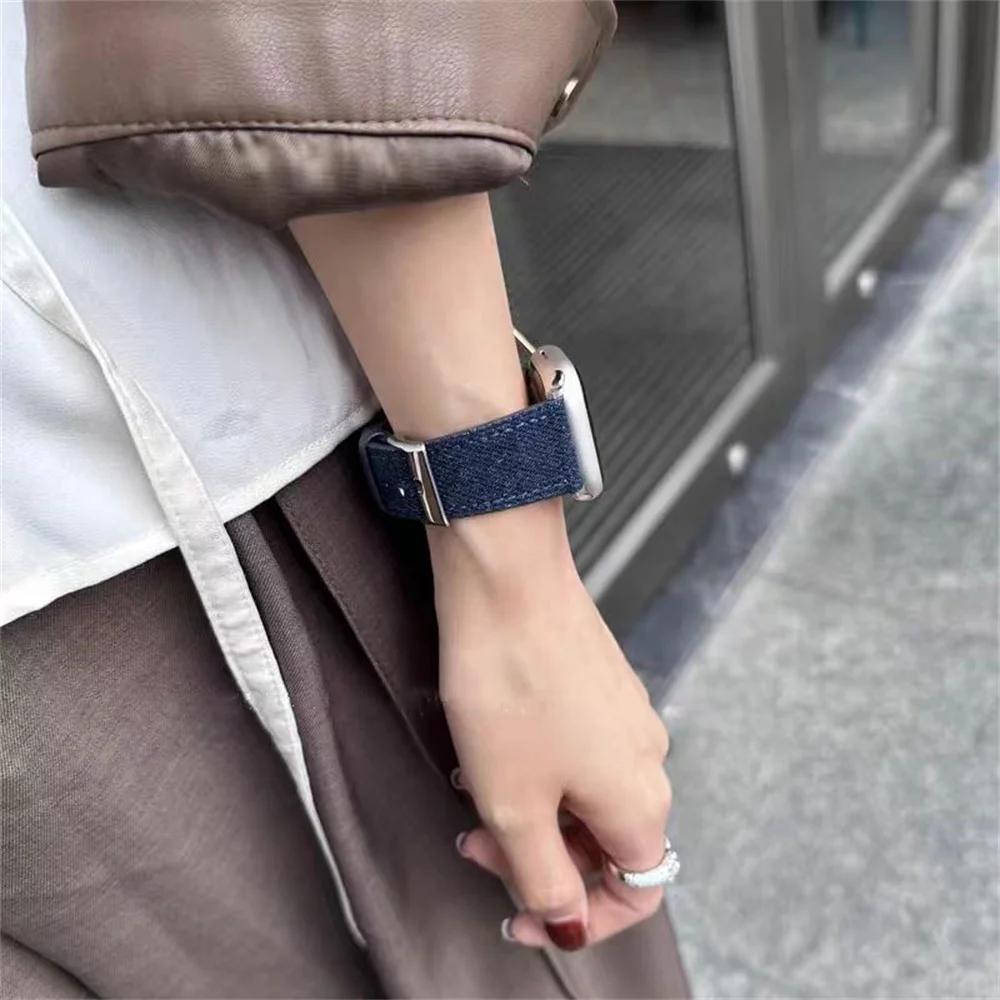 Denim Cloth  Leather Strap for Apple Watch Band 38/40/41mm 7 8 9 Bracelet Loop for Iwatch 6 SE 5 49Ultra 3 2 42/44/45mm Cor