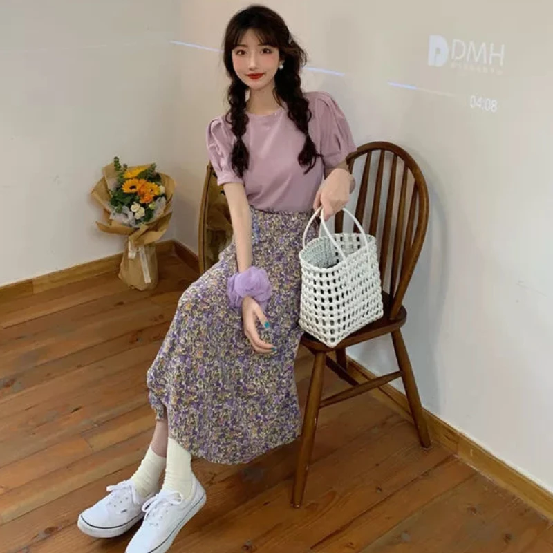 

Женские комплекты, милый летний наряд с пышными рукавами и цветочным принтом до середины икры, элегантная вечеринка, принцесса во французском стиле, мягкая женская одежда для отдыха из двух предметов