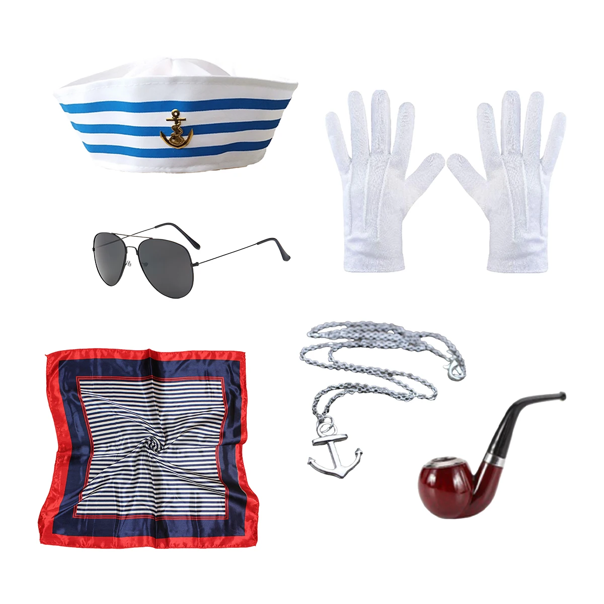 Halloween Sailor Costume Accessories, 6-piece Set Including Sailor Hat, Nautical Scarf, Anchor Necklace, Fake Pipe, and More