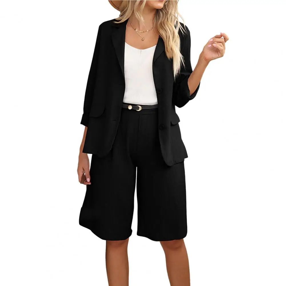 2 Pcs/Set Business Outfit Loose Wide Leg Cardigan Double Buttons Office Turn-down Collar High Waist Coat Shorts Set Female