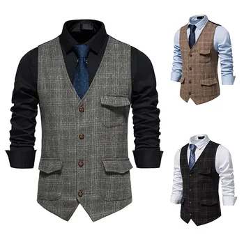 Spring and autumn new fashion Retro men's suit vest checkered amebritish British large Tank Top with vest