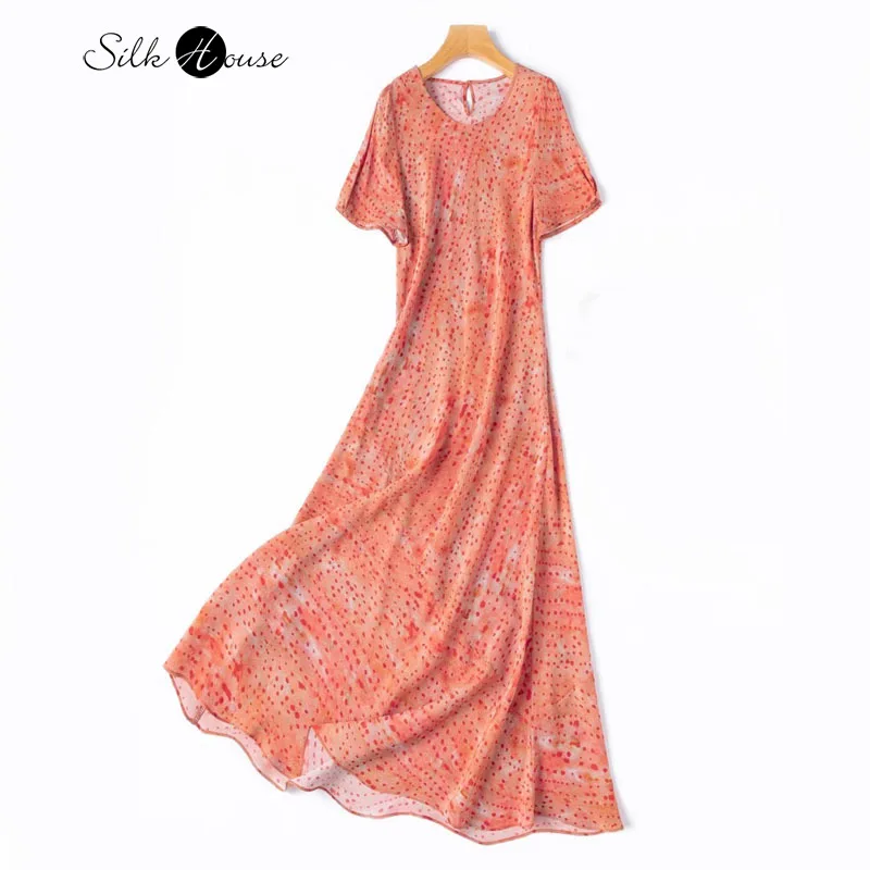 

2025 Women's Summer New Oblique Cut 1.25-meter 100% Natural Mulberry Silk Crepe De Chine Round Neck Short Sleeve Dress