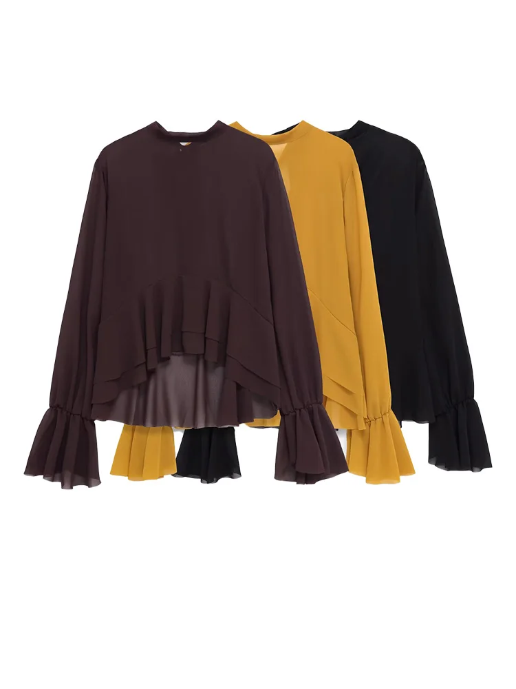 

HH Women Spring Fashion Lace-up Long Sleeves O-Collar Blouse Woman Chic Asymmetry Laminated Decoration Solid Loose Short Top