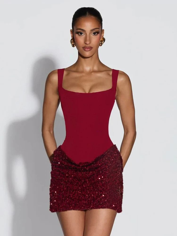 

FDYOUI Sequins Patchwork Wine Red Wedding Party Dress for Women Sexy Sleeveless Backless Ruched Evening Dresses Formal Gowns