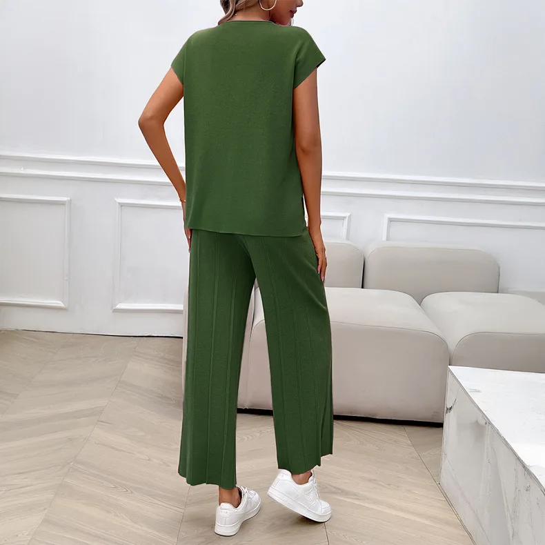 2024 Spring and Summer Women's Fashion Casual Solid Color Loose Round Neck Wide Leg Pants Sweater Set Two Piece Set Women