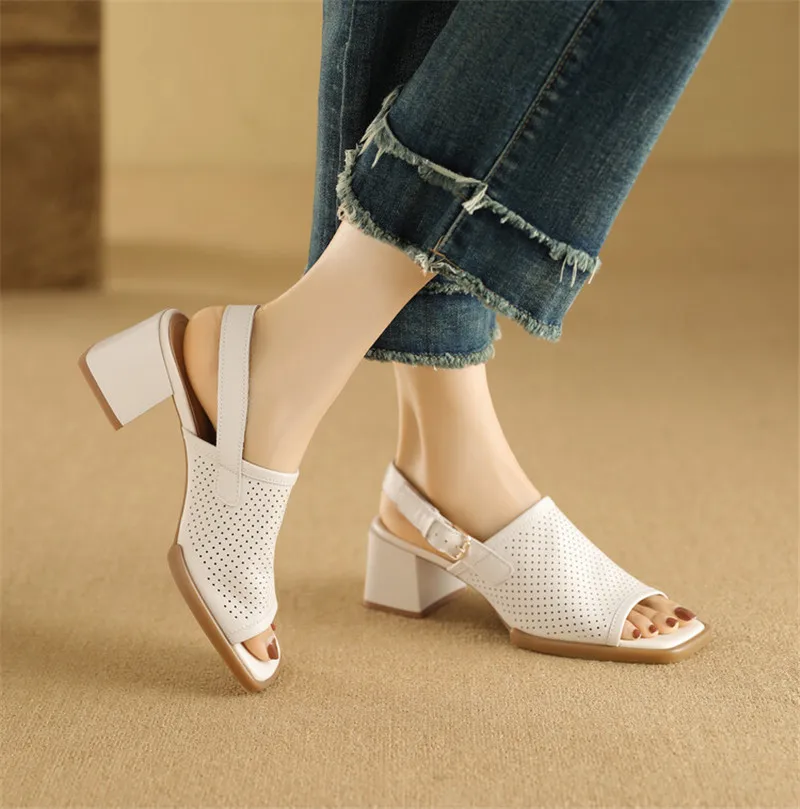 New Genuine Leather Summer Sandals Square Toe High Heels Sandals for Women Zapatos De Mujer Hollow Out Gladiator Shoes Sandals