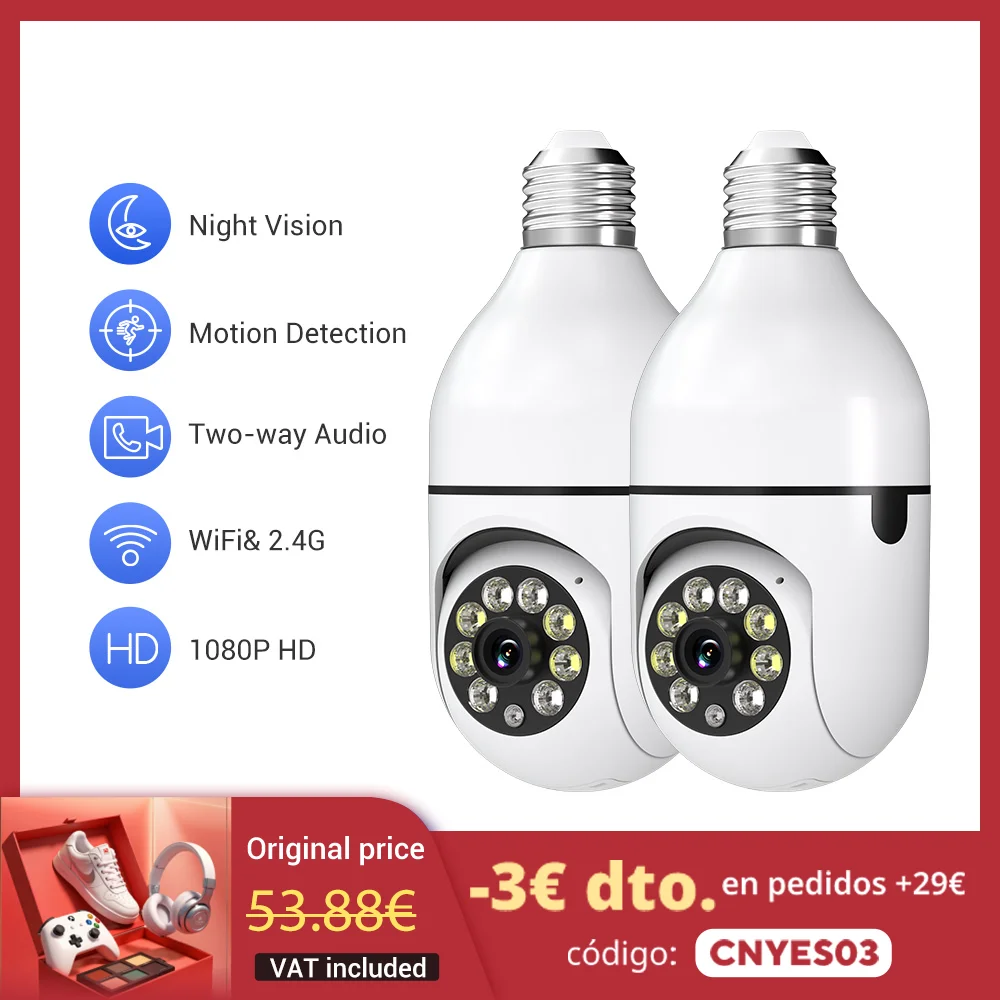 2PC Ease Life APP-Light Bulb Security Cameras Indoor Outdoor Wireless WiFi Camera 2.4GHz, 360 Degree, E27 Light Socket Screw In