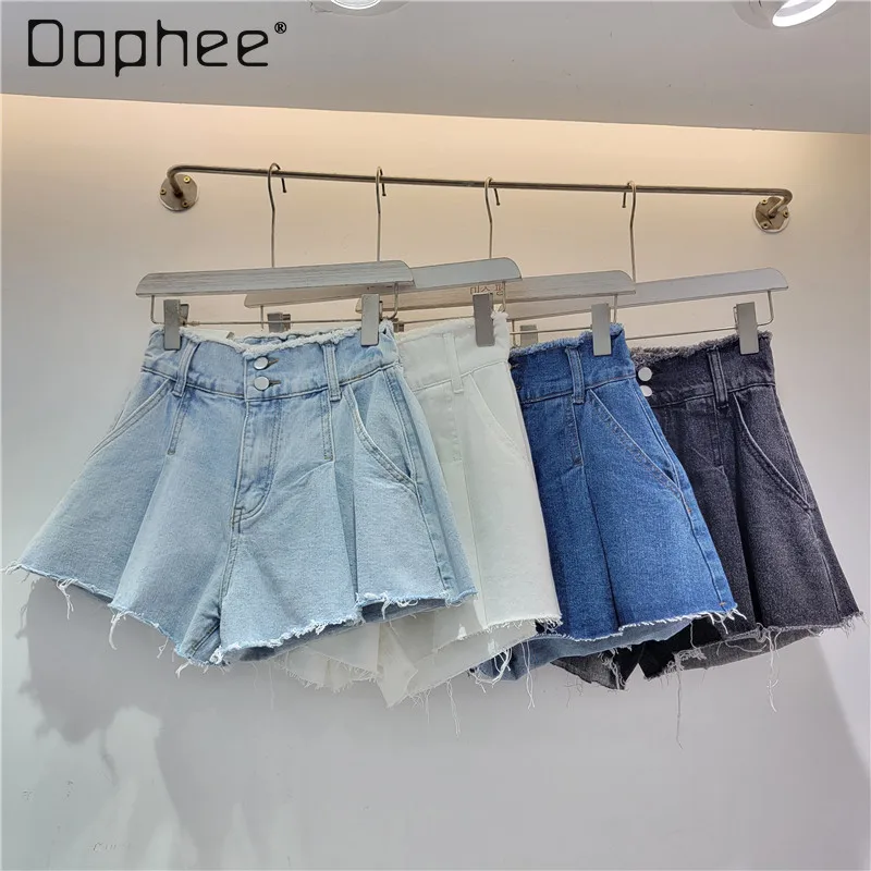 Denim Short Wijde Pijpen Losse Rauwe Rand Hoge Taille Jeans Twee Knoop Effen Kleur Allemaal Match Zomer Korte Broek Casual Eenvoudig