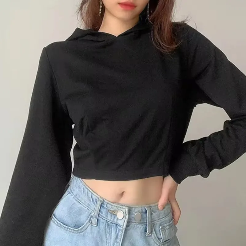 Sexy Cross Bandage Tie Up Backless Sweatshirt Black Hoodie Tops 2023 Women Autumn Long Sleeve Harajuku Pink Pullover Crop Tops