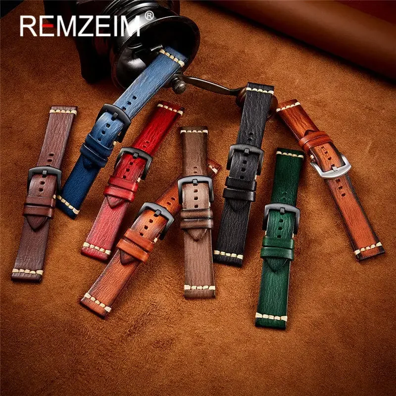 REMZEIM 18mm 20mm 22mm 24mm Handmade High Quality Leather Watch Strap Vintage Vegetable Tanned Leather Watch Band Watch Band