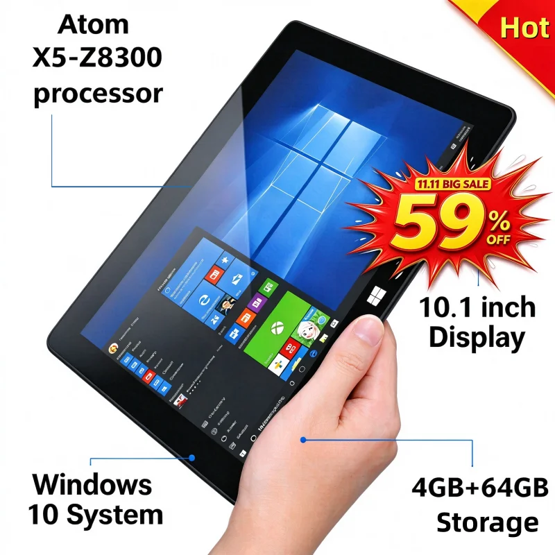 DS102 64비트 Windows 10 태블릿 PC, 10.1인치 화면, Atom X5-Z8300 CPU, 4GB RAM, 64GB ROM, 1280x800 해상도, 5000mAh 배터리, HD-MI 포트.