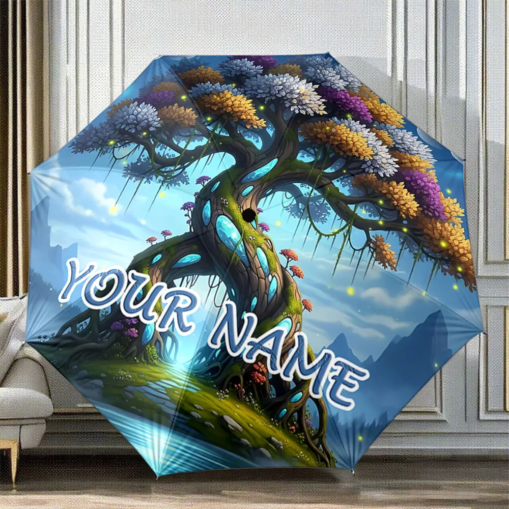 Custom Name Umbrella "Fantasy Magical Tree with Colorful Leaves and Starry Night Sky" Portable Folding Umbrella,Christmas Gift