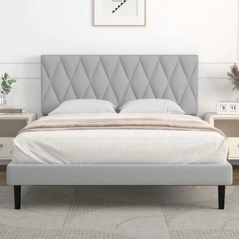 Large Bed Frame Upholstered Platform with Headboard and Sturdy Wooden Slats, Non-slip and Noiseless, No Springs Required