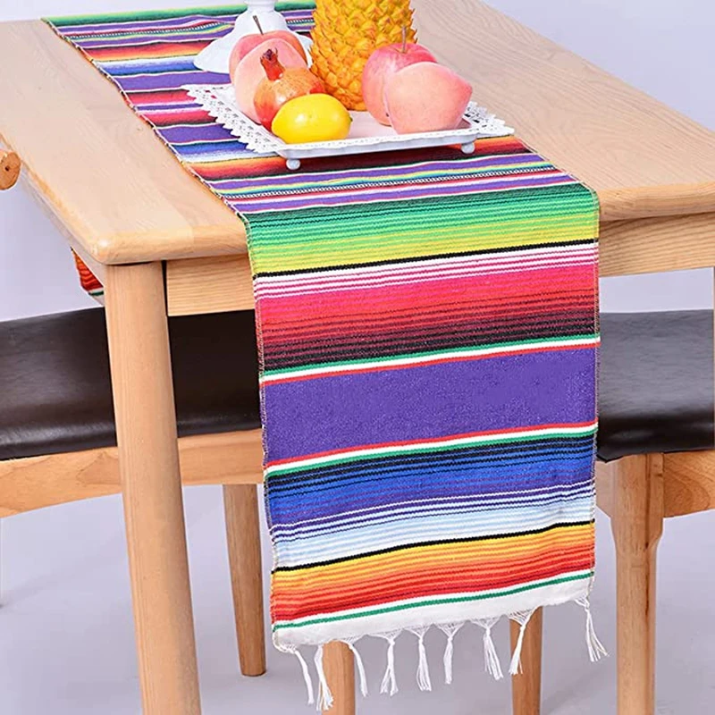 

Inyahome Mexican Stripe Colorful Table Runner with Tassel Party Decorations Mexican Serape Blanket Table Runner Cover Home Decor