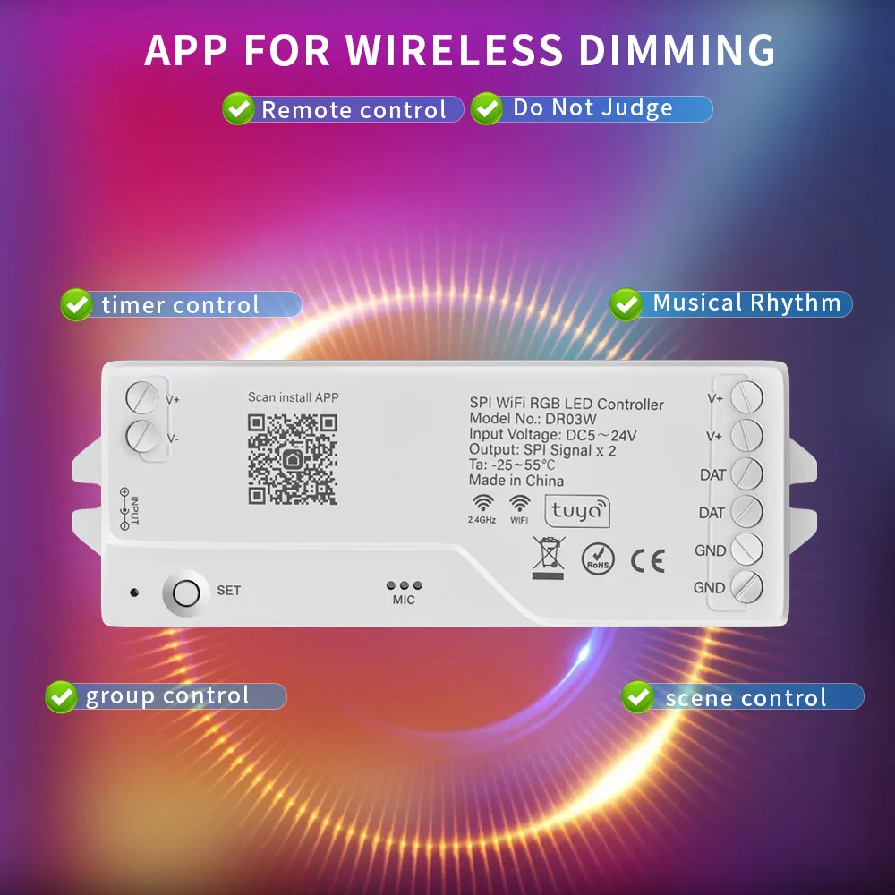 Tuya Wifi SPI RGB RGBW LED Controller DR03W/DR04W For WS2812B WS2811 2814 Addressable Strip Alexa Google Yandex Voice Control