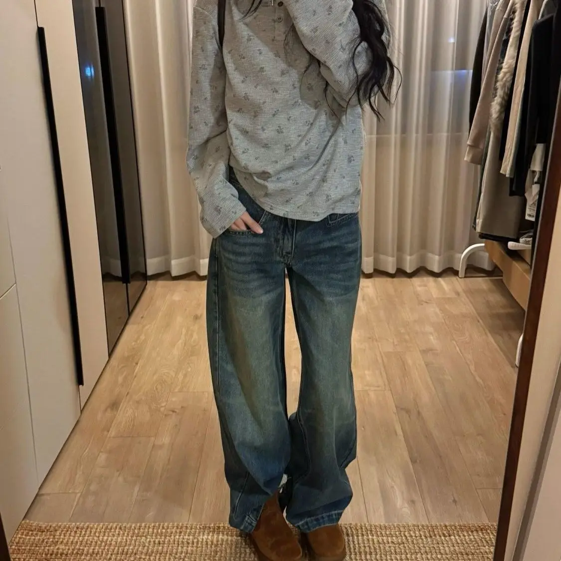 미국 Y2K 롱 슬리브 버튼 라운드 넥 티셔츠 루즈핏 가을 한국 스타일 여성용 레이지 슬리 플로럴 프린트