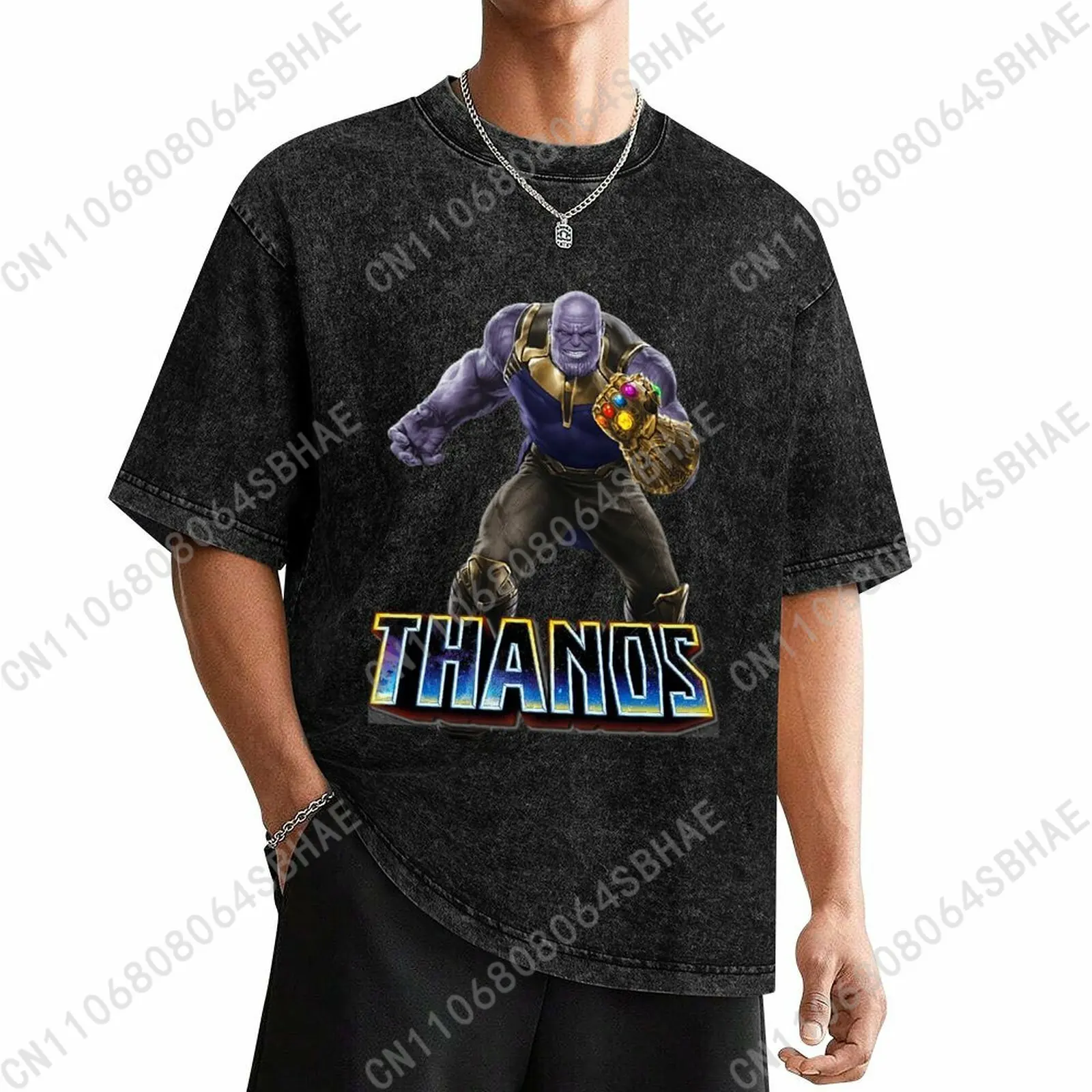 

Marvel Thanos Custom Mens Vintage T Shirt Washed Distressed Tee Men Retro Short Sleeve Personalized Cotton Shirt Cosplay