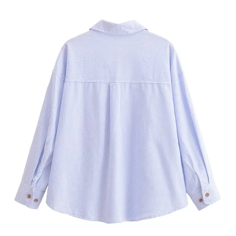 

Spring 2024 Women's Retro Casual Versatile Mixed Linen Stripe Long Sve irt Straight Cut Collar Regular Length