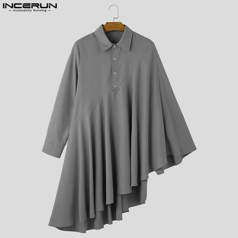 INCERUN เสื้อกันหนาว 2024 Ruffled Egde เสื้อแขนยาวหลวมเสื้อคอปกหรูหราเสื้อผู้ชาย Casual Patchwork Simple TOP Tunic