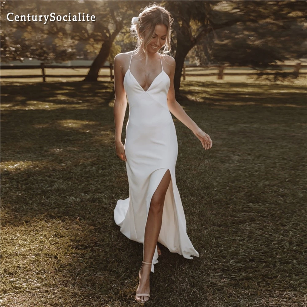 Vestidos de casamento sexy sereia 2025 alças espaguete criss cross crepe boho vestidos de noiva para mulheres noiva personalizado