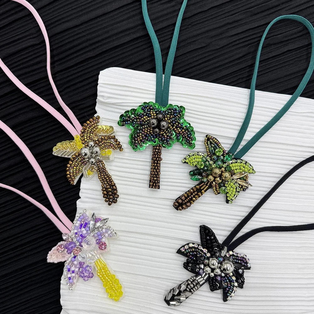 Keychain Beaded Patch Sequin Rhinestones Coconut Tree Hanging Rope Patches Plant Cactus Beading Applique Bag Clothing Ornaments