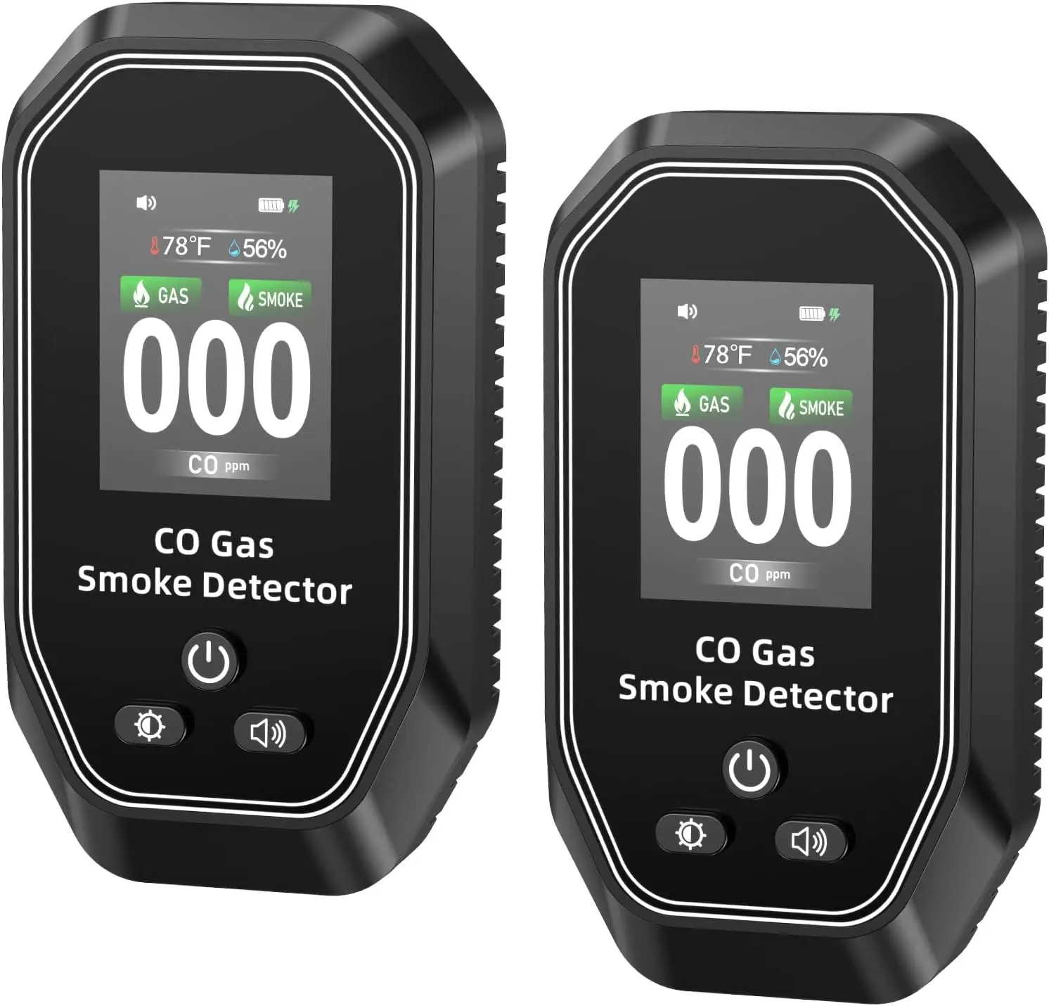 

6-in-1 Portable Carbon Monoxide & Smoke Detector with Battery, Gas Leak Detector, HD Display for CO Gas Temp Humidity Black 2Pcs