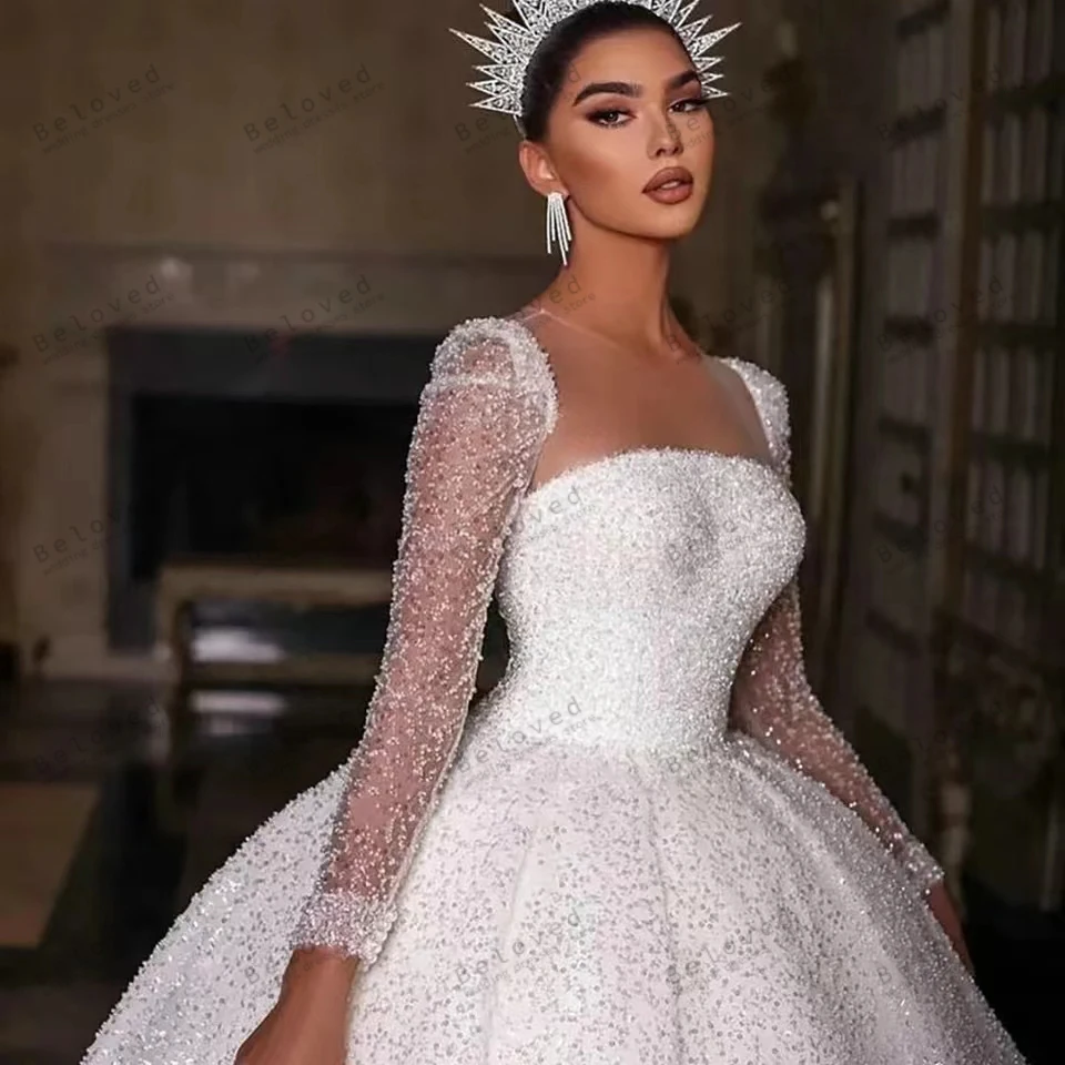 Exquisite Wedding Dresses Princess Bridal Gowns Voile Shiny Robes For Formal Party Square Collar Full Sleeves Vestidos De Novia