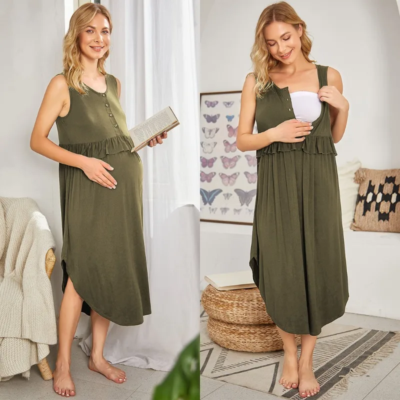 

2025 Summer New Pregnant Women Nursing Vest Skirt Casual Smocked Long Skirt Black Round Neck Ruffle Skirt Sleeveless Dress