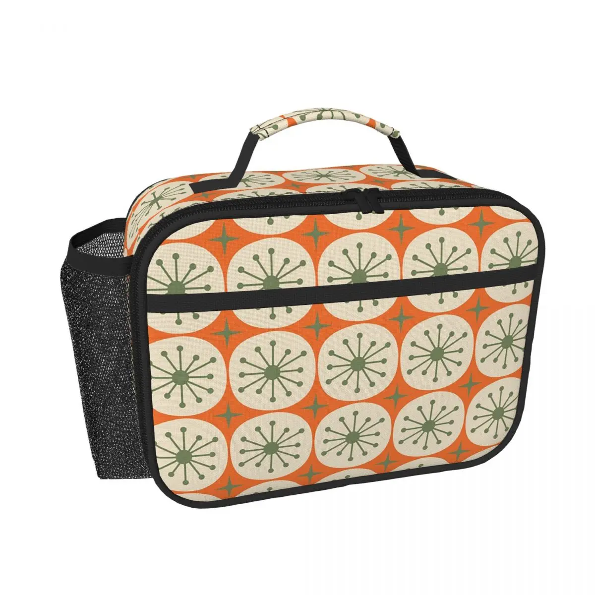 Mid Century Modern Atomic Dots And Stars Olive Green Beige Insulated Lunch Bag for Women Kids Food Boxes Thermal Lunch Box Tote