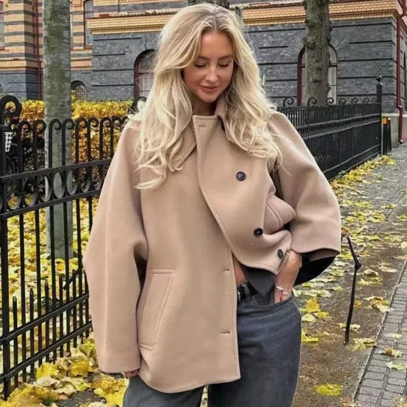 

TARUXY Fashion Loose Woolen Jacket Women's Single-Breasted Lapels Long Sleeves Pocket Solid Coat Autumn Winter High Street Coat