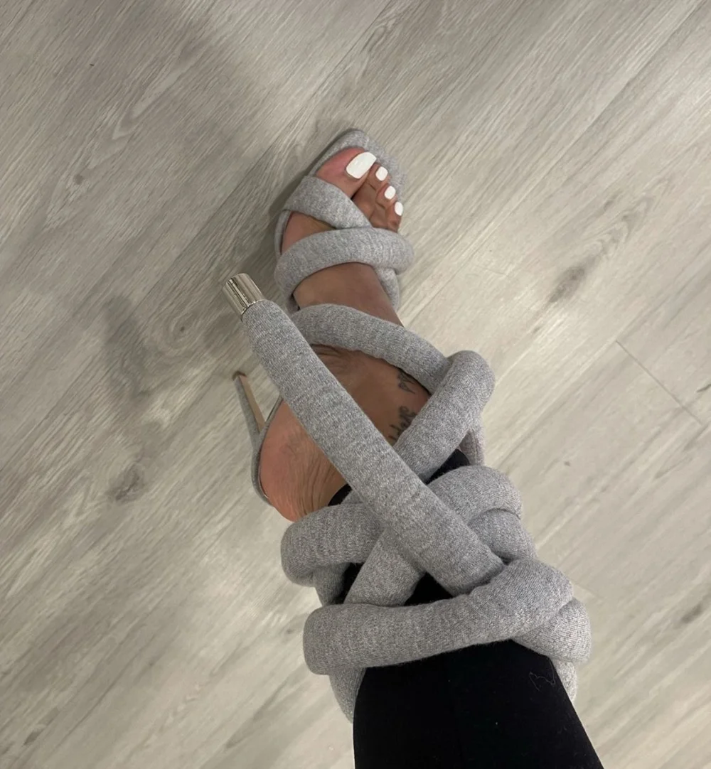 Design Dark Denim Knotted Strap Stiletto Heels Square Open Toe Chunky Thick Denim Straps Metal Tip Details Summer Casual Sandals view 6