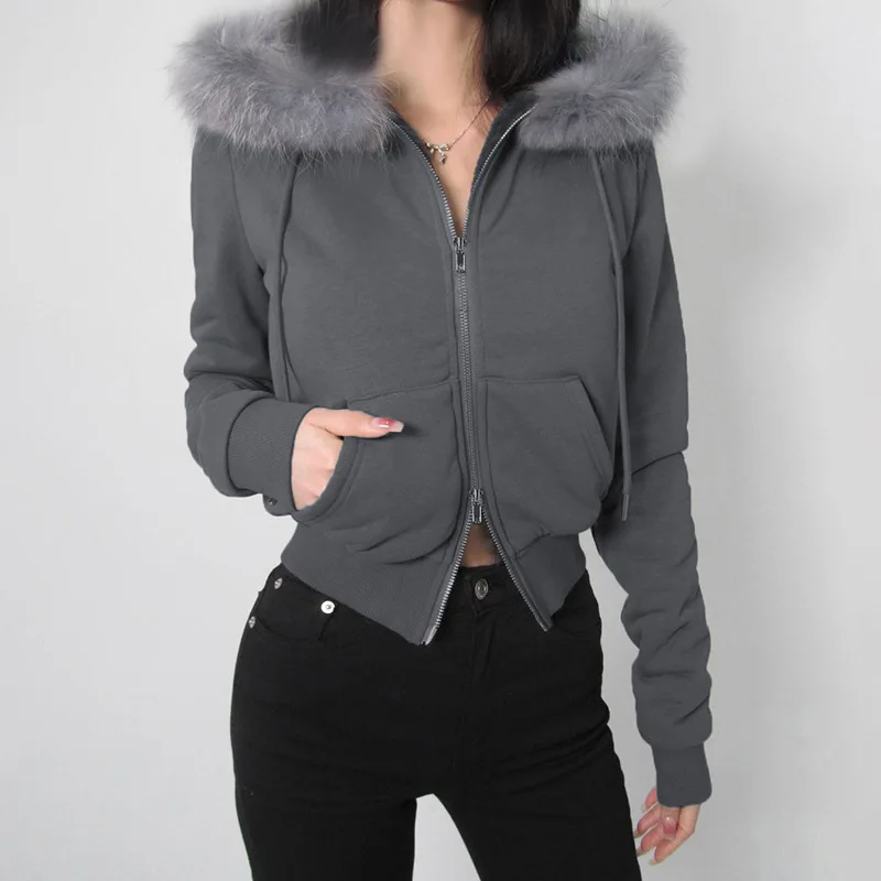 

American retro loose solid color plus velvet warm double zipper cardigan sweater hooded splicing coat in autumn and winter