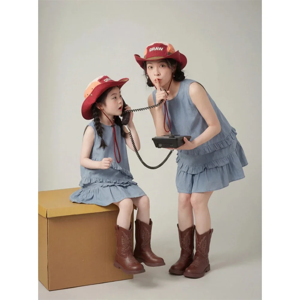 Mommy and Me Matching Denim Dress Sleeveless Ruffle Hem Tiered Sundress Family Summer Beach Vacation Casual Parent-Child Clothes