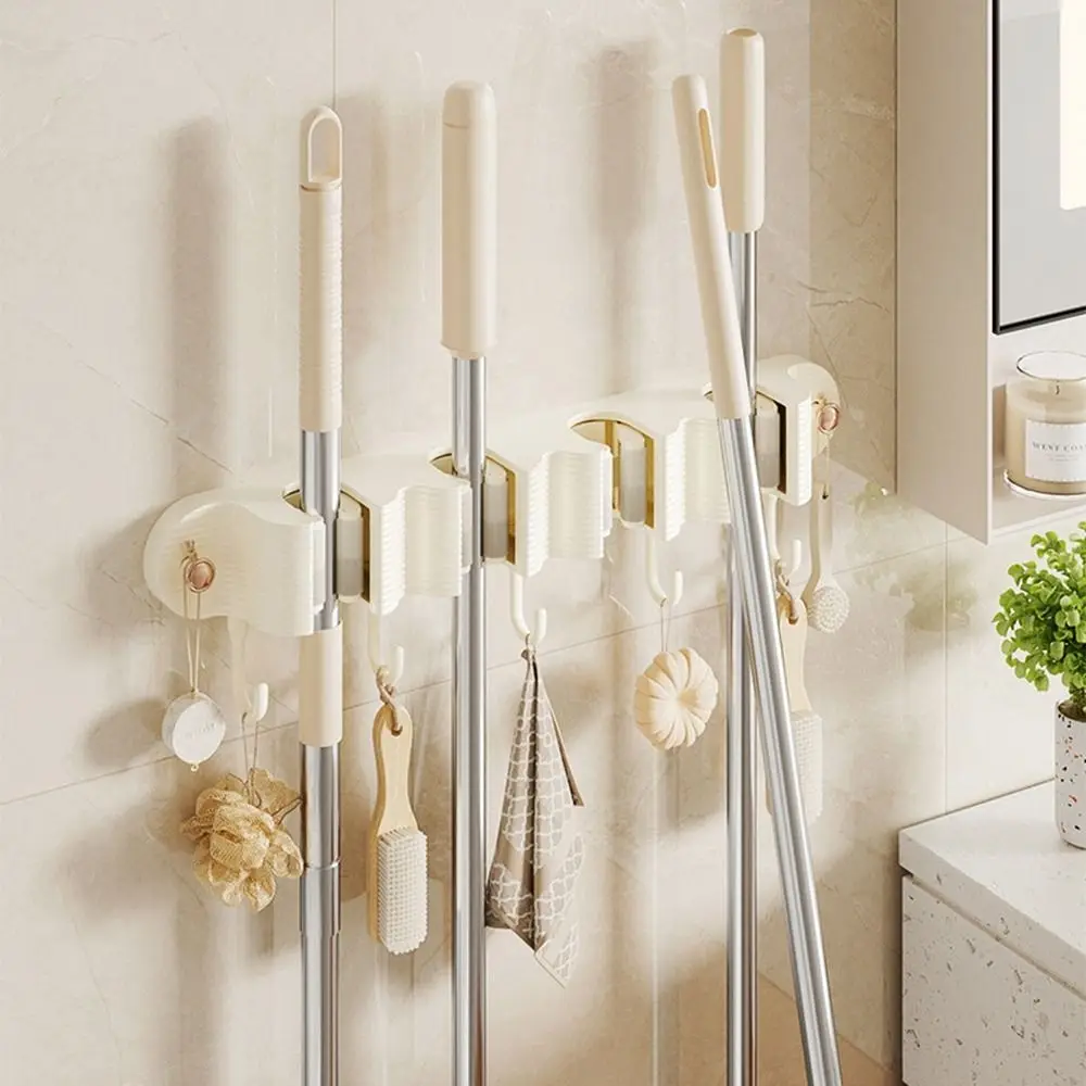 Plastic Broom Mop Holder Self-Adhesive Wall Mounted Broom Storage Rack No Drilling with 4 Slots & 5 Hooks Mop Hanging Hanger